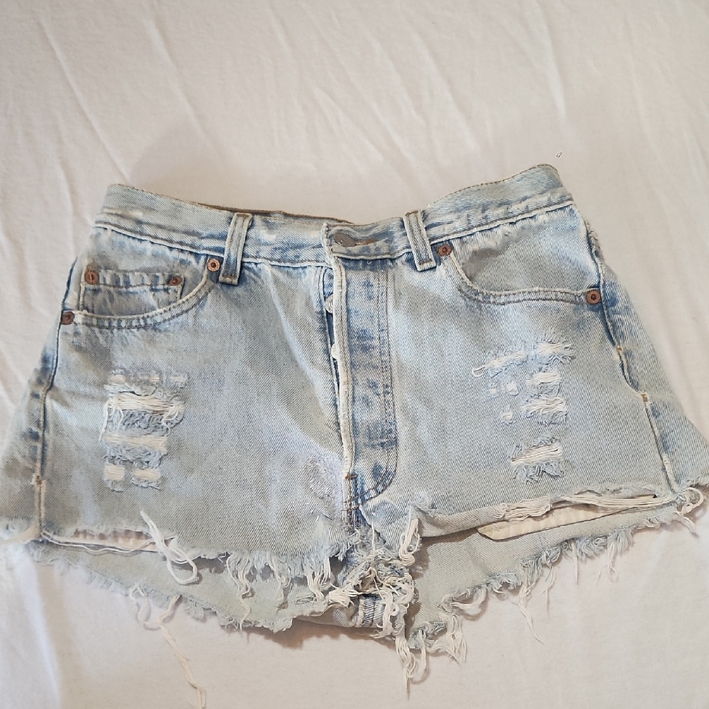 90's Vintage Levi's Light Blue Distressed Jean Shorts
